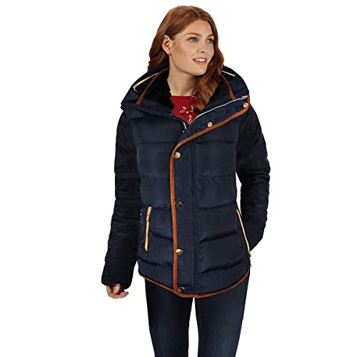 Fashion Thirsty Womens Ladies Quilted Winter Coat Puffer Faux Fur Collar Hooded Jacket Parka New Size (UK 14, Navy Blue/Brown Trim)