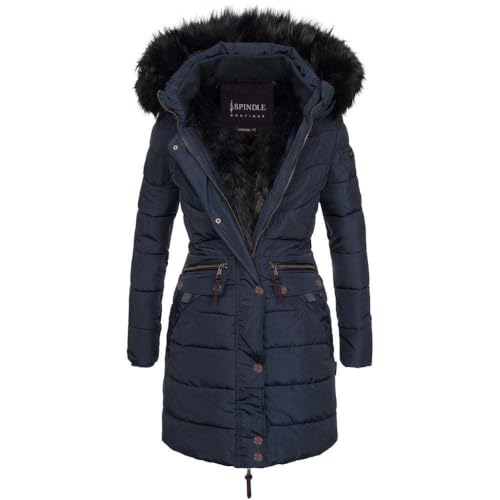 Spindle Women’s Designer Warm Winter Parka Quilted Hooded Long Coat Jacket- Fleece Lined Body Zip Pockets UK 10/ US 8/ AUS 12 /EU 38/ Small Blue