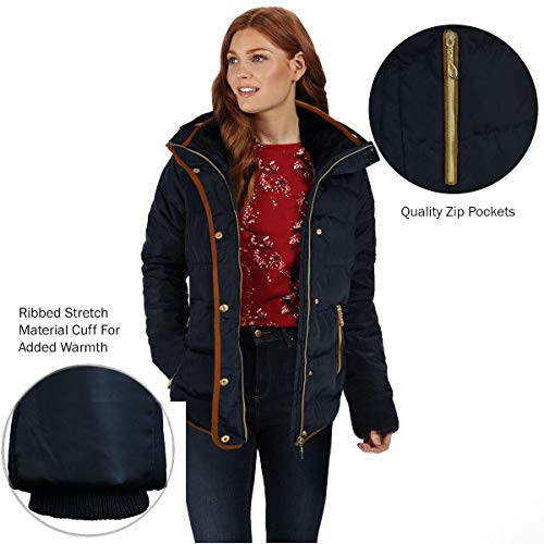 Fashion Thirsty Womens Ladies Quilted Winter Coat Puffer Faux Fur Collar Hooded Jacket Parka New Size (UK 14, Navy Blue/Brown Trim)