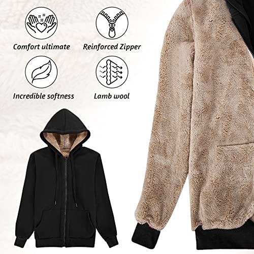 Voqeen Womens Plain Hoodie Winter Warm Sherpa Lined Zip Up Hooded Sweatshirt Jacket Coat Cosy Soft Fleece Blanket with Pocket