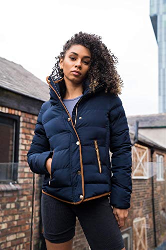 Fashion Thirsty Womens Ladies Quilted Winter Coat Puffer Faux Fur Collar Hooded Jacket Parka New Size (UK 14, Navy Blue/Brown Trim)