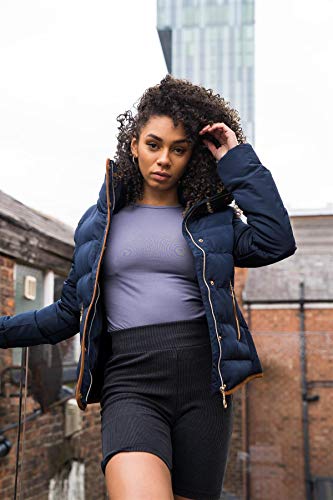 Fashion Thirsty Womens Ladies Quilted Winter Coat Puffer Faux Fur Collar Hooded Jacket Parka New Size (UK 14, Navy Blue/Brown Trim)