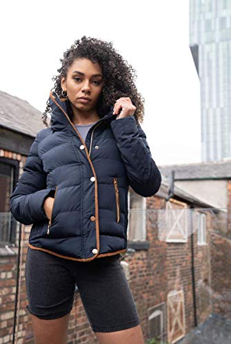 Fashion Thirsty Womens Ladies Quilted Winter Coat Puffer Faux Fur Collar Hooded Jacket Parka New Size (UK 14, Navy Blue/Brown Trim)