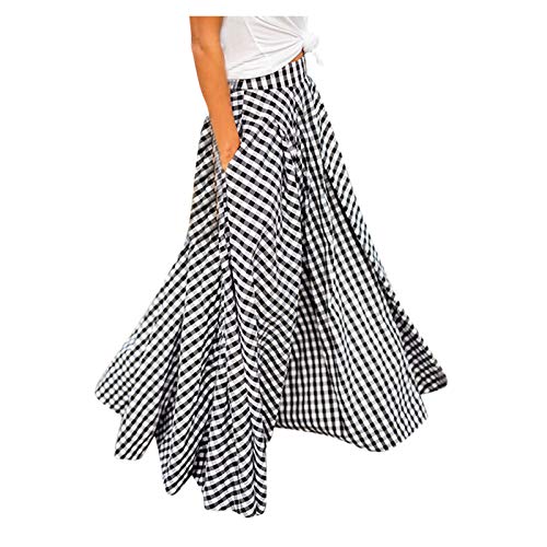 Sanahy Women Mopping Floor Length Big Hem Vintage Plaid Beach High Waist Maxi Skirt Party A-Line Big Hem Long Skirt with Pockets(Black,L)