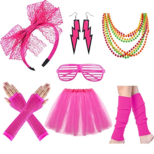 HOTSO 80s Fancy Dress Costume Accessories Women 1980s Fancy Party Accessories Set Neon Rainbow Tutu Skirt Leg Warmers Lace Bow Headband Earrings Fishnet Gloves Necklace Retro Sunglasses