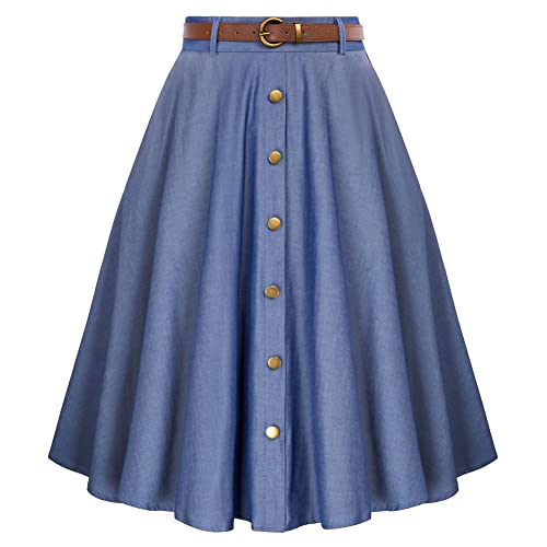 Belle Poque Retro Denim A-Line Midi Skirt