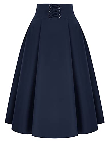 High Waist Retro Lace-Up Pleated Skirt - Dark Blue