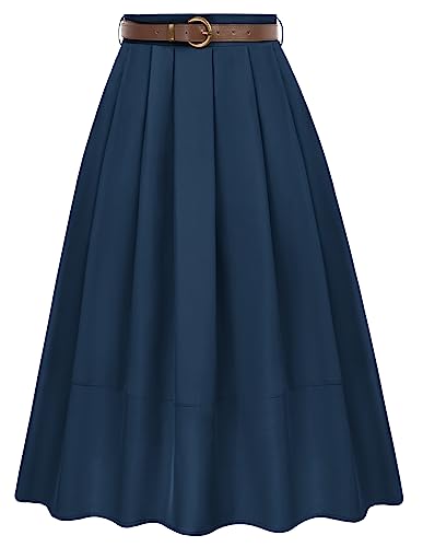 Belle Poque Retro Pleated Midi Skirt - Dark Blue S
