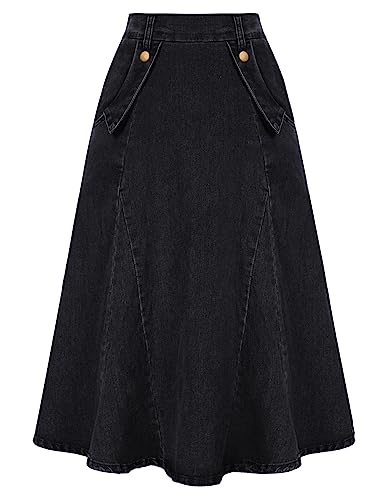 Belle Poque Denim Flared A-line Skirt - Black XXL