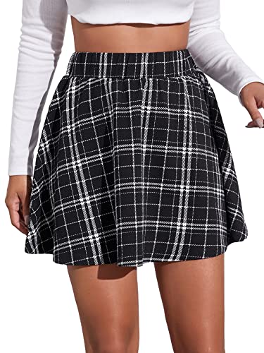 Plaid Print A Line Mini Skirt - Black & White (S)
