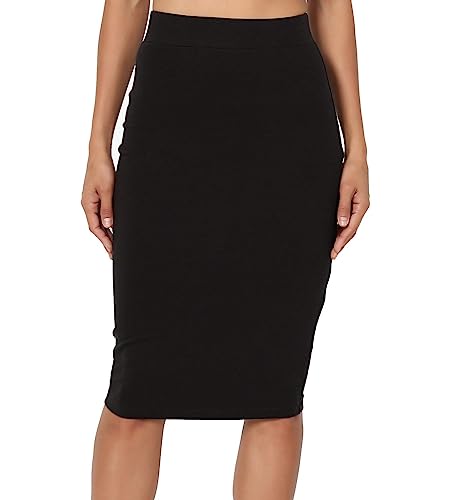 Black Elastic Waist Midi Pencil Skirt - Multiple Colors