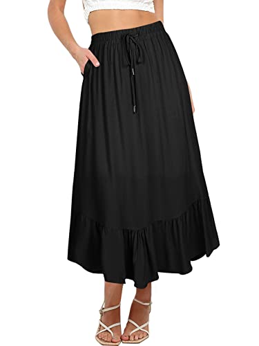 Vintage Black Elastic Waist Maxi Skirt with Pockets