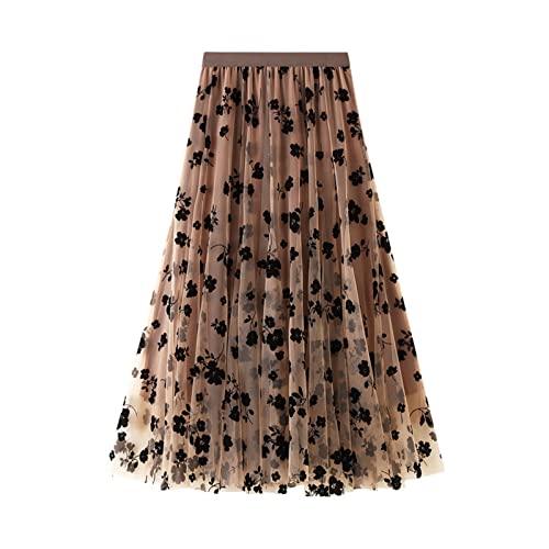 Vintage Khaki Tiered Midi Skirt with Flower Decoration