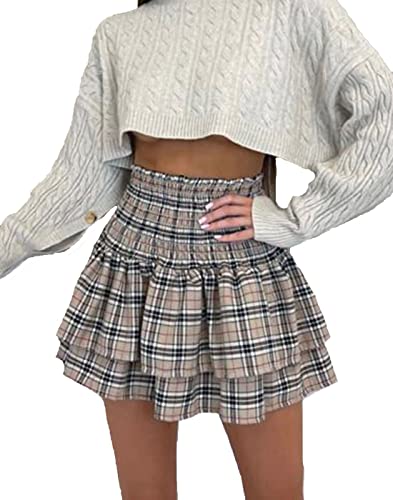 Beige Checkered Ruffled Retro Mini Skirt