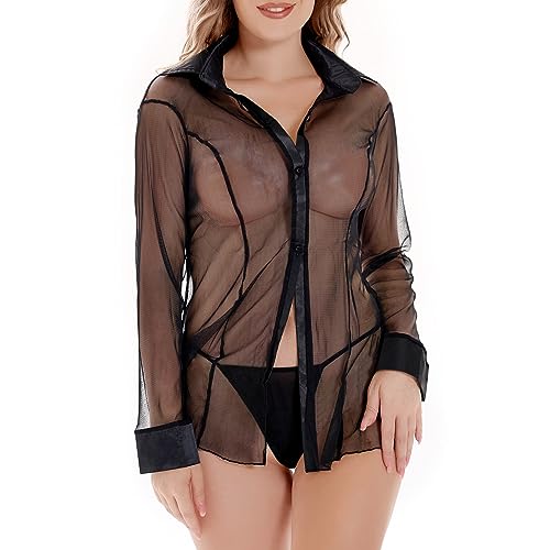 Charmnight Vintage Sheer Blouse Retro Top - Black-XL