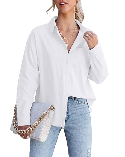 EZBELLE Women's White Retro Button Down Shirt