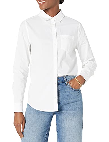 Amazon Essentials Women's Classic-Fit Long-Sleeve Button-Down Poplin Shirt, White, M