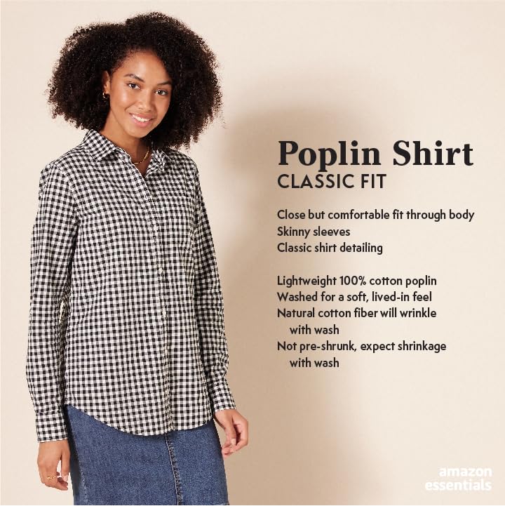 Amazon Essentials Women's Classic-Fit Long-Sleeve Button-Down Poplin Shirt, White, M