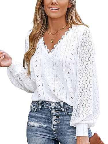 CUPSHE Women Blouse Cutout Scalloped Lace Top Long Lace Sleeves V Neck Banded Cuffs Chic Elegance Shirt White L