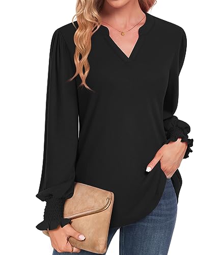 Vintage Black Puff Sleeve V-Neck Blouse