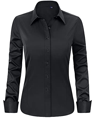 J.VER Women's Black Long Sleeve Plain Dress Shirt Fitted Stretch Executive Formal Shirt Blouse with Single Cuff S