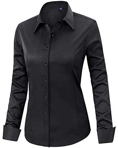 J.VER Women's Black Long Sleeve Plain Dress Shirt Fitted Stretch Executive Formal Shirt Blouse with Single Cuff S