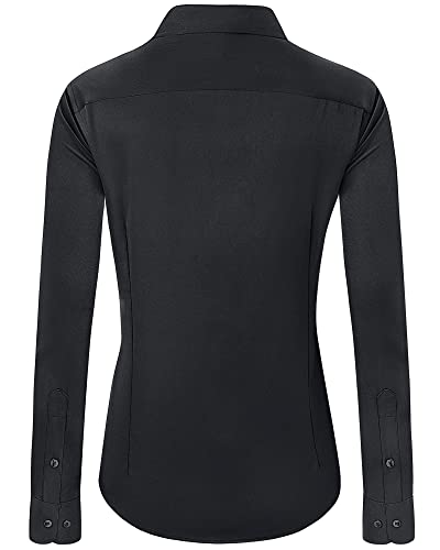 J.VER Women's Black Long Sleeve Plain Dress Shirt Fitted Stretch Executive Formal Shirt Blouse with Single Cuff S