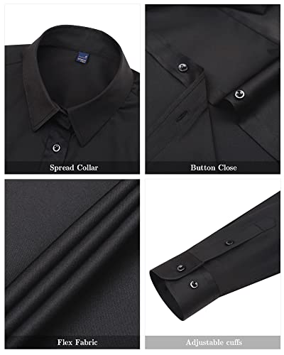J.VER Women's Black Long Sleeve Plain Dress Shirt Fitted Stretch Executive Formal Shirt Blouse with Single Cuff S
