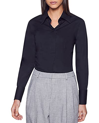 J.VER Women's Black Long Sleeve Plain Dress Shirt Fitted Stretch Executive Formal Shirt Blouse with Single Cuff S