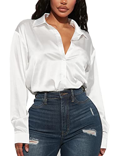 Navneet Women Satin Blouse Button Down Long Sleeve Satin Shirts Collar Blouses Casual Going Out Tops Office Work A1 White Satin Long Sleeve Shirt M