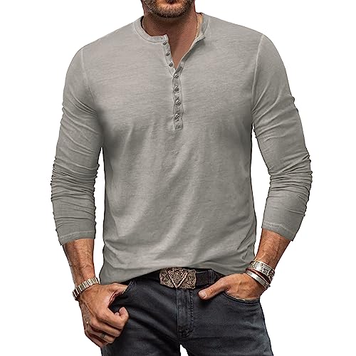 Vintage Long Sleeve Henley T Shirt - Light Grey