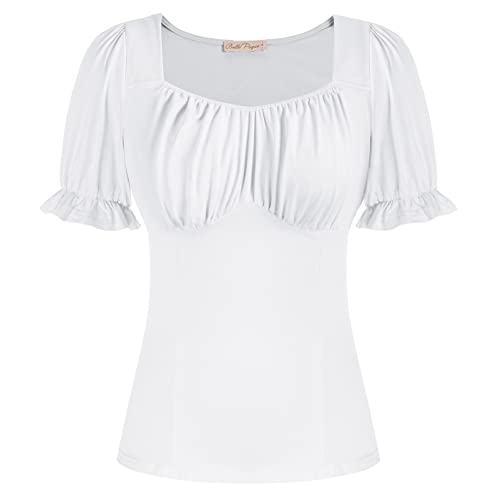 Vintage White Square Neck Puff Sleeve Cotton Tops