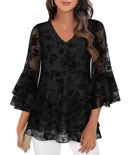 Chic Black Chiffon Tunic Tops - Retro Elegance
