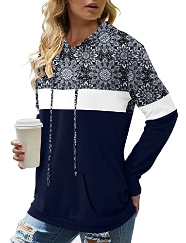 Retro Navy Hoodie: Women's Long Sleeve Stripe Top