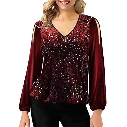 Red Sequin V-Neck Dressy Top for Plus Size Women