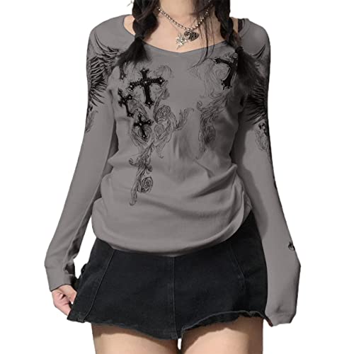 Vintage Y2K Cross Wings Print V-Neck Blouse