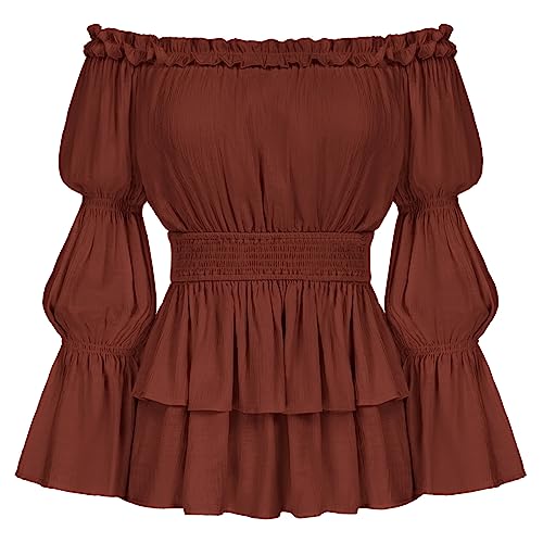 Orangerot M Damen Vintage Rüschenoberteil Elegante Schulterfrei