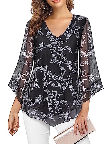 Black Floral Chiffon V-Neck Blouse - Large