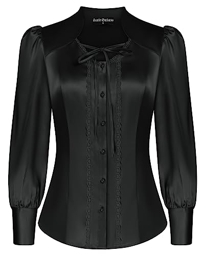 Black Retro Victorian Women's Blouses - Silk Stand Collar