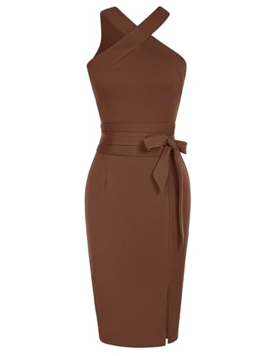 Women's Plus Size Halter Neck Sparkly Retro Dress - Brown