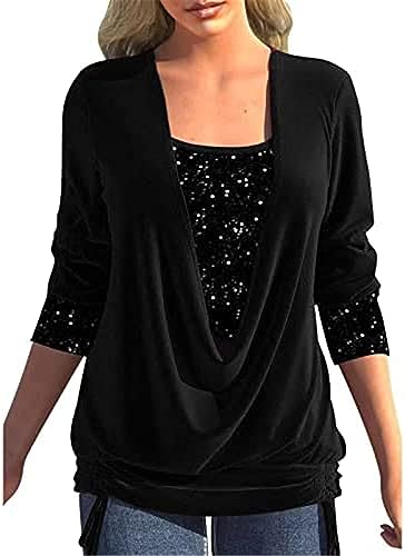Black Sparkly Sequin Cowl Neck Party Blouse
