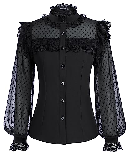 Black Victorian Lace-up Ruffle Blouse for Women