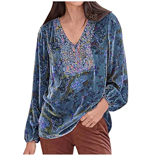 Floral Print Velvet V-Neck Blouse - Plus Size Woman's Vintage Shirt