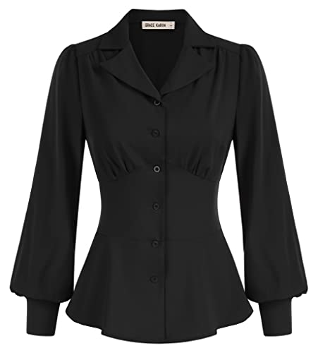 1950s Retro Black Long Sleeve Party Blouse