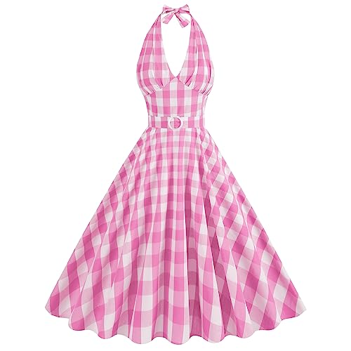 Pink Plaid Gingham Rockabilly Halter Dress - Women's Vintage 1950s