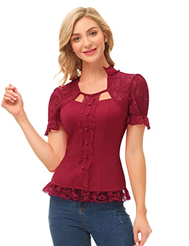 Vintage Retro Women's Wine Red Victorian Blouse Top
