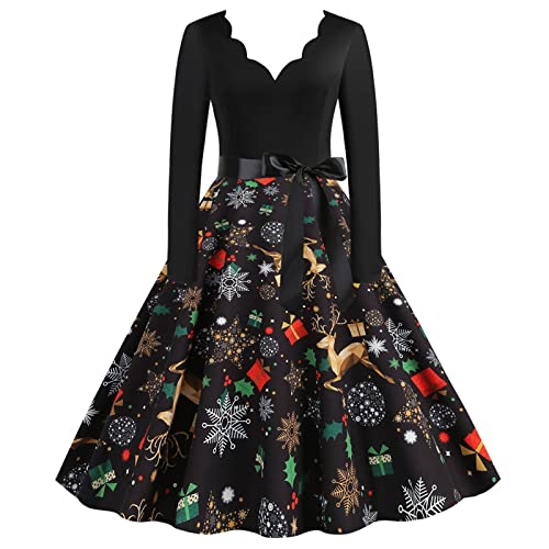 Christmas Print V-Neck Long Sleeve Dress | Women's Vintage