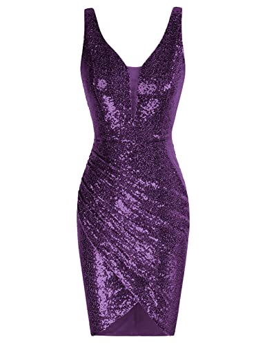 Grace Karin Purple Sequin V-Neck Party Mini Dress