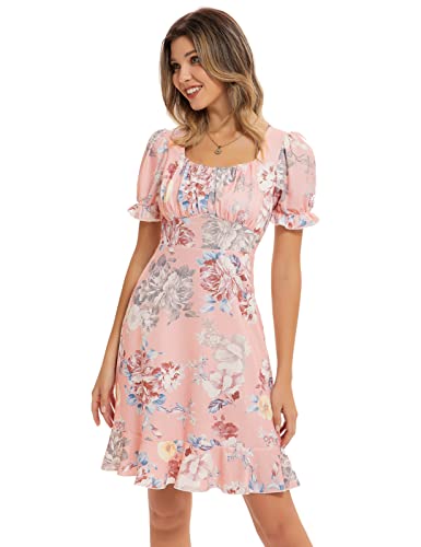 Floral 50s Ruched A-line Dress - Light Pink