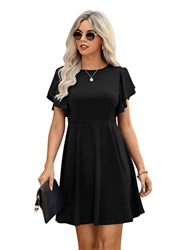 Vintage Ruffle Sleeve Swing Dress (Solid Black, L)
